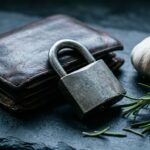 Buku catatan anggaran dan uang tunai di atas meja kerja kayu